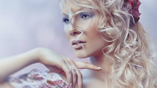 Beautiful Blonde Girl Portrait Red Rose In Hair Awesome