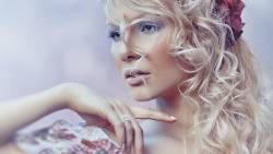 Beautiful Blonde Girl Portrait Red Rose In Hair Awesome