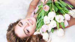 Girl Blonde Smile Tulips