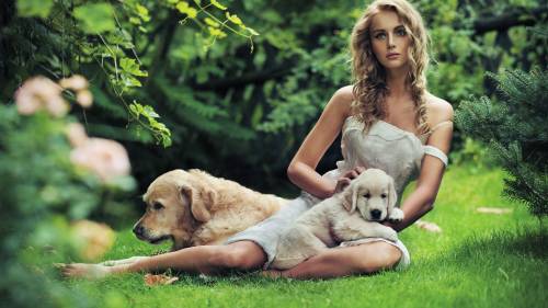 Girl Dogs Grass Nature 2560x1600