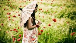 Girl Field Poppies Umbrella Mood