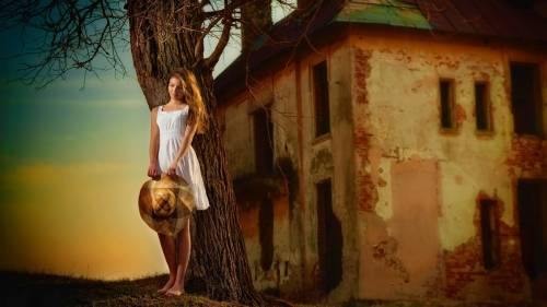Girls Girls Barefoot Blond White Dress Hat Tree House Desktop