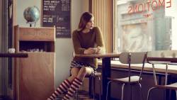 Sad Brunette In Restaurant