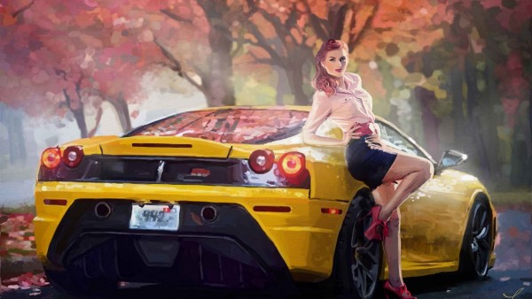 Осенний пейзаж девушка и желтое Ferrari