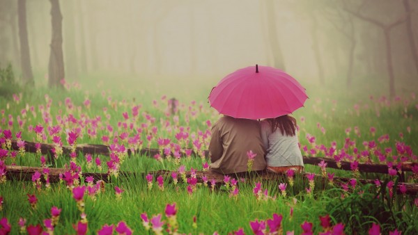 Красивая пара под зонтиком в дождь на цветочной поляне