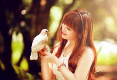 Красивая Азиатка держит в руках белую птичку обои hd